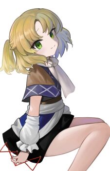 1girl black_skirt blonde_hair brown_shirt detached_sleeves dokomon feet_out_of_frame frilled_sleeves frills green_eyes highres long_sleeves looking_at_viewer mizuhashi_parsee parted_bangs ponytail puffy_long_sleeves puffy_sleeves scarf shirt short_sleeves simple_background sitting skirt solo touhou white_background white_scarf white_sleeves