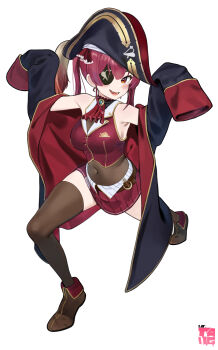 1girl absurdres ankle_boots arms_up arrow_through_heart artist_logo ascot belt black_coat blue_gem boots breasts brooch brown_belt brown_boots brown_thighhighs cleavage coat commentary covered_navel cropped_jacket eyepatch fang fold-over_boots full_body gem gold_trim hair_ribbon hands_up hat highres hololive houshou_marine houshou_marine_(1st_costume) jacket jewelry large_breasts leather leather_boots leotard leotard_under_clothes logo long_hair long_sleeves looking_at_viewer mr_tangsuyuk off_shoulder open_mouth pirate_costume pirate_hat pleated_skirt red_ascot red_eyes red_hair red_jacket red_ribbon red_skirt revision ribbon see-through_cleavage see-through_clothes see-through_leotard simple_background skirt sleeveless sleeveless_jacket sleeves_past_fingers sleeves_past_wrists smile solo thighhighs twintails virtual_youtuber white_background