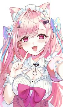 1girl :3 absurdres ahoge animal_ears bandaid bandaid_hair_ornament black_choker blue_bow blush bow breasts cat_choker cat_ears cat_girl chest_bow choker cleavage cleavage_cutout clothing_cutout commentary crossed_bandaids dress extra_ears fish_hair_ornament ghost_hair_ornament hair_bow hair_ornament hairclip heart heart_hair_ornament highres index_finger_raised indie_virtual_youtuber large_breasts long_hair looking_at_viewer maid maid_headdress o-ring o-ring_choker open_mouth pink_bow pink_dress pink_eyes pink_hair short_sleeves simple_background smile solo two_side_up virtual_youtuber white_background white_wrist_cuffs wing_hair_ornament wrist_cuffs yuki_yuri yuuki_sakuna yuuki_sakuna_(1st_costume)