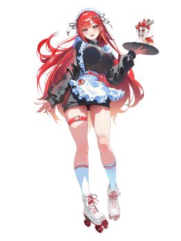 1girl absurdres akane_lize apron belt blonde_hair breasts commentary domi_(hongsung0819) floating_hair food full_body hand_up heart heart_o-ring highres jersey_maid kneehighs long_hair long_sleeves looking_at_viewer maid maid_headdress mole mole_under_eye multicolored_hair o-ring o-ring_thigh_strap open_mouth red_hair shoes simple_background smile socks solo standing stellive streaked_hair symbol-only_commentary teeth thigh_strap tray unconventional_maid upper_teeth_only very_long_hair virtual_youtuber white_apron white_background white_shoes white_socks