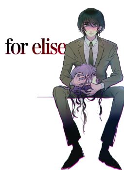 1boy 1girl andou_(and_y_u) black_hair brown_jacket business_suit disembodied_head for_elise_-_elise_no_tame_ni formal_clothes highres hioki_(for_elise_-_elise_no_tame_ni) holding holding_detached_head jacket long_hair severed_head short_hair sitting solo suit yaegaki_chitose