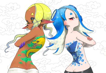 2girls ass back_tattoo blonde_hair blue_hair breasts butt_crack crossed_arms dark-skinned_female dark_skin earrings eel frye_(splatoon) highres jewelry koharu2.5 medium_breasts multiple_earrings multiple_girls nintendo pale_skin shark shiver_(splatoon) short_eyebrows sideboob smile splatoon_(series) splatoon_3 symbol-shaped_pupils tattoo tentacle_hair tooth_earrings topless_female