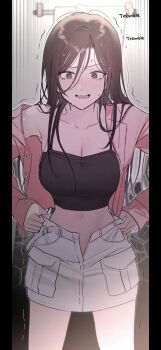 1girl black_camisole black_hair blush breasts camisole cleavage commentary cowboy_shot crop_top english_commentary english_text grey_eyes hair_between_eyes han_yoil hands_on_own_hips highres indoors jacket large_breasts long_bangs long_hair looking_at_viewer midriff miniskirt motion_lines navel nose_blush official_art open_clothes open_fly open_jacket open_mouth open_skirt pillarboxed pink_jacket screencap single_off_shoulder skirt solo sound_effects standing sweat today's_han_yoil_is_a_woman trembling white_skirt