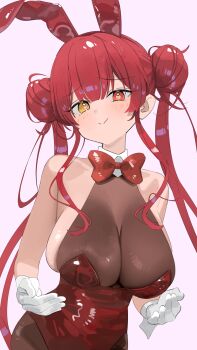 1girl :> animal_ears bare_shoulders bow bowtie breasts brown_pantyhose cleavage closed_mouth collared_leotard commentary_request cowboy_shot double-parted_bangs double_bun fake_animal_ears gloves hair_bun halter_leotard halterneck heart heart-shaped_pupils heterochromia highres hololive houshou_marine koyo2023 large_breasts leotard long_hair looking_at_viewer open_hands pantyhose playboy_bunny rabbit_ears red_bow red_bowtie red_eyes red_hair red_leotard see-through_clothes see-through_leotard sideboob sidelocks simple_background skindentation solo symbol-shaped_pupils twintails very_long_hair virtual_youtuber white_background white_gloves yellow_eyes