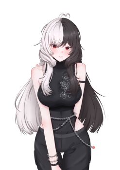 ahoge artist_request bare_shoulders belly_chain black_hair black_pants breasts codename_rose cowboy_shot floral_print heart heattech_leotard highleg highleg_leotard jewelry large_breasts leotard long_hair multicolored_hair narrow_waist pants red_eyes seductive_smile simple_background smile split-color_hair very_long_hair waktaverse white_background white_hair wide_hips