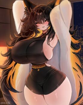 Rule 34 | 1girl, absurdres, animal ear fluff, animal ears, armpits, arms up, black hair, black lips, black sclera, blush, breasts, cat ears, cityscape, clio (mssclio), coat, colored inner animal ears, colored inner hair, colored sclera, fur coat, glowing, glowing hair, hashtag-only commentary, highres, huge breasts, indie virtual youtuber, long hair, millanoire, multicolored hair, narrow waist, orange eyes, orange hair, sideboob, signature, smile, solo, thick thighs, thighs, tight clothes, very long hair, virtual youtuber, wide hips, window