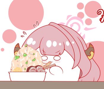 Rule 34 | aru (blue archive), blue archive, blush, brown hair, chopsticks, closed mouth, commentary request, eating, flying sweatdrops, food, halo, highres, holding, holding chopsticks, horns, kurukurumagical, long hair, noodles, ramen, solo, v-shaped eyebrows, white background, wide oval eyes