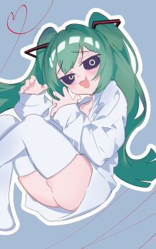 1girl absurdres aqua_hair black_sclera borrowed_clothes colored_sclera fang fei_ciyu hatsune_miku heart highres long_hair looking_at_viewer mesugaki mimukauwa_nice_try_(vocaloid) naked_shirt open_mouth shirt simple_background skin_fang thick_thighs thighhighs thighs twintails vocaloid white_shirt white_thighhighs