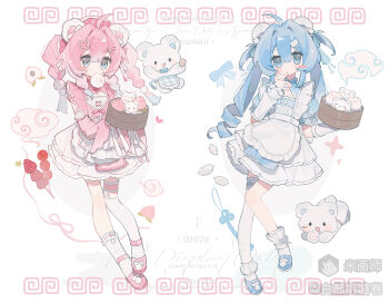 Rule 34 | 2girls, absurdres, ahoge, animal ears, apron, arm warmers, asymmetrical legwear, bai xiong nailaojuan, bear, bear ears, bear girl, blue dress, blue eyes, blue hair, blush, braid, closed mouth, dango, double-parted bangs, dress, food, frilled apron, frills, full body, hair between eyes, hair intakes, hand up, highres, long hair, looking at viewer, mihuashi username, multiple girls, original, pink dress, pink hair, short sleeves, single sock, single thighhigh, socks, standing, steamed bun, thighhighs, twin braids, twintails, uneven legwear, wagashi, watermark, white apron, white socks, white thighhighs