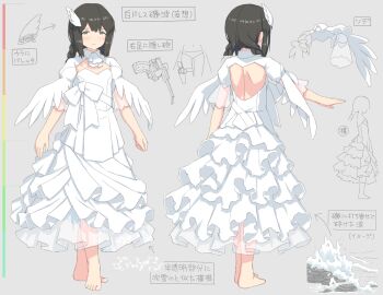 1girl adapted_costume adapted_turret alternate_costume back back_cutout barefoot black_hijab blush borrowed_clothes braid cleavage_cutout clothing_cutout commentary_request double-parted_bangs dress flat_chest full_body green_eyes grey_background hair_between_eyes hair_ornament hayashi_naoharu hijab isonami_(kancolle) kantai_collection leg_holster long_hair looking_at_viewer low_twin_braids multiple_views reference_sheet short_sleeves simple_background smile standing translation_request twin_braids waves wedding_dress white_dress wing_hair_ornament