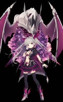 1girl absurdres armored_boots black_thighhighs boots breasts chest_tattoo commentary_request crystar dress full_body grey_hair hatada_mirai highres long_hair looking_at_viewer monster navel official_art pink_eyes revealing_clothes riuichi short_dress small_breasts smile spoilers tattoo thighhighs twintails zettai_ryouiki