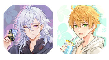 2boys arthur_pendragon_(fate) arthur_pendragon_(hero_on_the_beach)_(fate) blonde_hair card chocomirukuaji commentary cross cross_necklace cup fate/grand_order fate_(series) floral_background food fruit green_eyes holding holding_card holding_cup hood hoodie jewelry lemon lemon_slice long_hair male_focus merlin_(camelot_&amp;_co)_(fate) merlin_(fate) multiple_boys necklace open_clothes open_hoodie purple_eyes white_hair white_hoodie