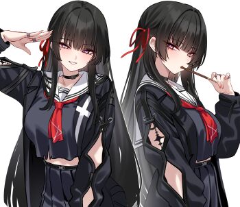 1girl absurdres black_choker black_hair black_serafuku black_shirt black_skirt blush breasts chisa_(wuthering_waves) choker highres large_breasts long_hair long_sleeves looking_at_viewer multiple_views neckerchief red_eyes red_neckerchief sailor_collar school_uniform serafuku shigure_s shirt skirt smile white_sailor_collar wuthering_waves