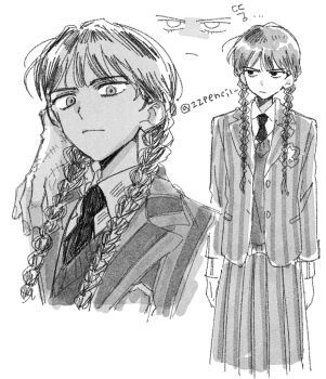 1girl 1other the_addams_family black_hair black_necktie braid collared_shirt cowboy_shot disembodied_hand furrowed_brow grey_sweater_vest hair_over_shoulder hand_on_another&#039;s_shoulder highres jacket light_frown long_hair multiple_views necktie pleated_skirt shirt sketch skirt striped_clothes striped_jacket striped_skirt sweater_vest thing_(the_addams_family) twin_braids twitter_username upper_body wednesday_(netflix) wednesday_addams white_background white_shirt zzpencil