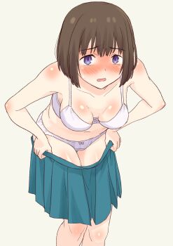 1girl absurdres bob_cut bra breasts brown_hair commentary_request daipunch dressing embarrassed highres medium_breasts original panties purple_eyes short_hair simple_background solo underwear underwear_only undressing