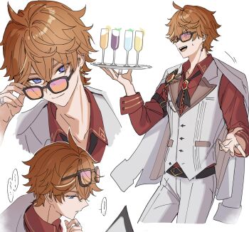 1boy absurdres adjusting_eyewear belt black_belt blue_eyes brown_neckerchief champagne_flute closed_mouth collared_shirt cup drinking_glass genshin_impact highres holding holding_tray jacket jacket_on_shoulders jewelry long_sleeves looking_at_another male_focus multiple_views naya_nya23 neckerchief official_alternate_costume open_mouth orange_hair pants red_shirt ring shirt short_hair simple_background tartaglia_(genshin_fes_2026)_(genshin_impact) tartaglia_(genshin_impact) tinted_eyewear tray vest white_background white_jacket white_pants white_vest