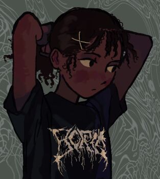 Rule 34 | 1girl, arms behind head, black eyes, black hair, commentary, curly hair, dark-skinned female, dark skin, green background, hair ornament, hairclip, io (onisarashi), looking to the side, metal band text, original, ponytail, portrait, shirt, short sleeves, solo, t-shirt, tying hair, x hair ornament