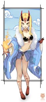 1girl bare_legs bikini black_bikini black_claws black_nails blonde_hair blue_kimono blue_sky border breasts collarbone colored_extremities colored_skin commentary earrings eyeshadow facial_mark fate/grand_order fate_(series) fingernails fire forehead_mark full_body fur-trimmed_kimono fur_trim gift_art gradient_horns highres horn_ornament horn_ring horns ibaraki_douji_(fate) ibaraki_douji_(swimsuit_lancer)_(fate) ibaraki_douji_(swimsuit_lancer)_(first_ascension)_(fate) japanese_clothes jewelry kimono kobi420 long_hair long_sidelocks long_sleeves looking_at_viewer makeup multicolored_horns multicolored_skin nail_polish navel oni open_mouth pointy_ears red_eyeshadow red_horns red_skin sandals shoes sidelocks sky small_breasts smile solo sphere_earrings standing swimsuit teeth toenail_polish toenails two-tone_skin white_border wide_sleeves yellow_eyes zouri