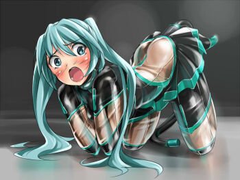 1girl all_fours anal anal_object_insertion anal_tail aqua_eyes aqua_hair ass bdsm bitchsuit blush bondage bound bound_arms bound_legs breasts butt_crack butt_plug collar fake_tail female_focus frogtie fumi11gou gimp_suit gimpsuit hatsune_miku human_dog latex long_hair object_insertion open_mouth pet_play piddlefours restrained see-through_clothes sex_toy solo tail vocaloid