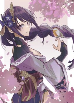 1girl back_bow bird bird_on_hand blunt_bangs bow braid breasts bridal_gauntlets cherry_blossoms cleavage clothing_cutout commentary fan_hair_ornament floating_hair genshin_impact hair_floating_upwards hair_ornament head_tilt highres japanese_clothes kimono light_blush long_braid long_sleeves looking_at_viewer medium_breasts mole mole_under_eye nami_gsx neck_ribbon off_shoulder parted_lips purple_eyes purple_hair purple_kimono raiden_shogun red_ribbon red_sash ribbon sash shoulder_cutout single_braid solo upper_body wide_sleeves