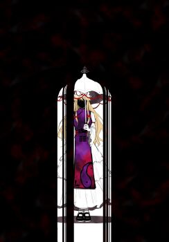 Rule 34 | 1girl, black shoes, blonde hair, bow, commentary request, dress, elvencliff, faceless, facing viewer, frilled dress, frills, full body, hair bow, hat, hat ribbon, highres, holding, holding umbrella, long hair, long sleeves, mary janes, mob cap, parasol, purple tabard, red bow, ribbon, shoes, socks, solo, tabard, touhou, umbrella, very long hair, white dress, white socks, wide sleeves, yakumo yukari