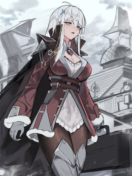 1girl absurdres ahoge black_cape breasts brown_pantyhose cape chinese_commentary cleavage cloud cloudy_sky coat commentary_request cowboy_shot fur-trimmed_coat fur_trim gloves grey_gloves hair_between_eyes high_collar highres large_breasts long_hair long_sleeves looking_at_viewer original outdoors pantyhose red_coat sky solo white_eyes white_hair youlan