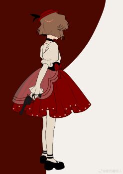 Rule 34 | 1girl, absurdres, bisho imobing hito, black shoes, commentary request, facing away, full body, gun, haibara ai, handgun, highres, holding, holding gun, holding weapon, juliet sleeves, long sleeves, meitantei conan, pantyhose, puffy sleeves, red skirt, shoes, short hair, skirt, solo, two-tone background, weapon, white pantyhose