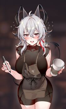 Rule 34 | 1girl, absurdres, ahoge, alternate breast size (larger), alternate costume, apron, black horns, black unitard, blurry, blurry background, breasts, collarbone, commentary, cowboy shot, cup, curled horns, english commentary, fingernails, flying sweatdrops, foxyreine, grey eyes, grey hair, hair between eyes, highres, holding, holding cup, holding pen, horns, large breasts, long fingernails, long hair, looking at viewer, mole, mole under eye, multicolored eyes, multicolored hair, nail polish, open mouth, paid reward available, pen, red eyes, red nails, scar, smile, solo, streaked hair, thighs, two-tone eyes, wuthering waves, zani (wuthering waves)