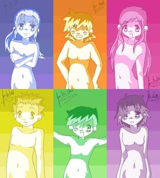 1girl 5boys ahoge annoyed armpits arms_at_sides artist_request bangs_pinned_back black_hair blonde_hair brown_hair clenched_hands clenched_teeth closed_eyes collarbone crossed_arms digimon digimon_frontier embarrassed everyone eyelashes facing_viewer flat_chest groin hair_down hands_on_own_hips happy hat himi_tomoki kanbara_takuya kimura_kouichi loli long_hair looking_at_viewer medium_hair minamoto_kouji multiple_boys navel neck no_bra no_shirt one_eye_closed open_mouth orimoto_izumi outstretched_arms parted_bangs scene_reference shibayama_junpei short_hair shota sidelocks signature smile spiked_hair spirit_evolution spread_arms standing swept_bangs teeth topless_female topless_frame topless_male tsundere unworn_hat unworn_headwear upper_body wink