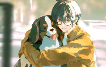 1boy animal black-framed_eyewear black_hair blue_eyes blurry blurry_background dog glasses hair_between_eyes holding holding_animal hug long_sleeves looking_at_viewer original outdoors short_hair smile upper_body xiaojiaju