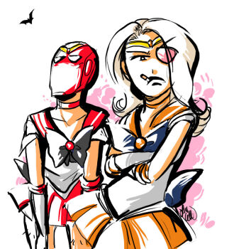 1boy 1girl bat_(animal) bishoujo_senshi_sailor_moon cigarette cosplay cropped_legs crossdressing crossed_arms dc_comics doodle eyepatch hairy_legs helmet jason_todd okelleok red_helmet rose_wilson sailor_mars sailor_mars_(cosplay) sailor_venus sailor_venus_(cosplay) sketch smoking_cigarette