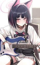 Rule 34 | 1girl, absurdres, animal ears, bass guitar, black collar, black hair, black jacket, blue archive, blush, cat ears, clothes around waist, collar, colored inner hair, commentary request, extra ears, halo, highres, instrument, jacket, jacket around waist, kazusa (band) (blue archive), kazusa (blue archive), kuromiz, looking at viewer, multicolored hair, music, official alternate costume, on chair, parted lips, pink eyes, pink hair, pink halo, playing instrument, pleated skirt, shirt, short sleeves, simple background, sitting, skirt, solo, thighs, white background, white shirt, white skirt, wristband
