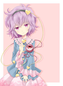 1girl black_hairband blue_shirt border buttons collar commentary_request drop_shadow floral_print floral_print_skirt frilled_collar frilled_sleeves frills hair_ornament hairband heart heart_button heart_hair_ornament highres komeiji_satori komiru looking_at_viewer pink_background pink_collar print_skirt purple_eyes purple_hair red_eyes shirt skirt smile solo third_eye touhou white_border