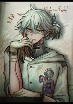 1other brown_hair clenched_teeth coat colored_tips gloves hand_up highres id_card looking_at_viewer medicine_pocket multicolored_hair pearrycat ponytail reverse:1999 shadow short_ponytail shout_lines solo teeth upper_body v-shaped_eyebrows white_coat white_gloves white_hair yellow_eyes