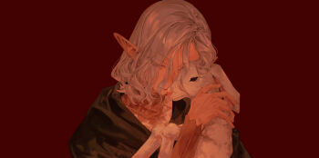 1boy animal baby_animal cape closed_mouth colored_eyelashes dungeon_meshi elf green_cape half-closed_eyes holding holding_animal hood hood_down hooded_cape lamb long_sleeves looking_down medium_hair mithrun pointy_ears red_background sheep simple_background solo starstruckdon upper_body white_hair