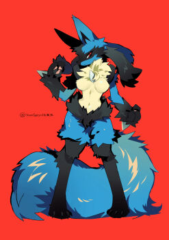 1girl animal_ears animal_hands animal_nose artist_name black_fur blue_fur body_fur breasts breasts_apart closed_mouth female_focus fluffy full_body furry furry_female gen_4_pokemon hand_up large_tail looking_at_viewer lucario medium_breasts multicolored_fur navel neck_fur nintendo pawpads pigeon-toed pokemon pokemon_(creature) profile red_background red_eyes signature simple_background snout solo spikes standing stomach tail twitter_username wolf_ears wolf_girl wolf_tail yarengekiryu yellow_fur