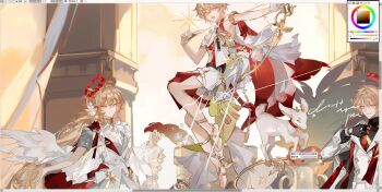 1boy 1girl 2boys angel angel_wings bishounen black_gloves blonde_hair bow_(weapon) dress feathered_wings formal_clothes gloves hair_between_eyes halo highres holding holding_bow_(weapon) holding_weapon jewelry liulianjingrua long_hair long_sleeves looking_at_viewer male_focus multiple_boys multiple_views original shirt short_hair short_sleeves shorts sleeveless weapon white_dress white_wings wings