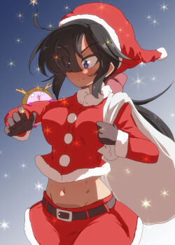 1girl absurdres black_hair blue_eyes blush bow breasts closed_mouth commentary_request girls_und_panzer hair_bow hat highres holding holding_sack jinguu_(4839ms) large_breasts long_hair midriff navel ogin_(girls_und_panzer) sack santa_costume santa_hat smile solo