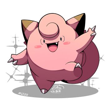 blush_stickers claws clefairy full_body gen_1_pokemon looking_at_viewer mistray-art nintendo no_humans numbered open_mouth pink_fur pokemon pokemon_(creature) signature simple_background solo sparkle white_background