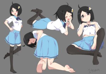 1girl :/ :d ahoge araragi_tsukihi barefoot bent_over black_eyes black_hair black_thighhighs blush crossed_ankles egg_(food) egg_hair_ornament food food-themed_hair_ornament fried_egg full_body hair_ornament hand_on_own_cheek hand_on_own_face hands_on_own_hips itoma_mahimahi leaning_back lying medium_hair monogatari_(series) multiple_views open_mouth school_uniform sitting smile standing thighhighs tsuganoki_second_junior_high_school_uniform