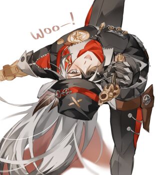 1boy aiming aiming_at_viewer black_hair black_hat black_pants boothill_(honkai:_star_rail) cha_nomb commentary cowboy_hat english_commentary feet_out_of_frame grey_eyes gun hair_over_one_eye handgun hat highres holding holding_gun holding_weapon holster honkai:_star_rail honkai_(series) long_hair long_sleeves looking_at_viewer male_focus multicolored_hair one_eye_covered open_mouth pants sharp_teeth sheriff_badge simple_background sleeve_cuffs solo standing standing_on_one_leg teeth thigh_holster unzipped upper_teeth_only very_long_hair weapon white_background white_hair zipper