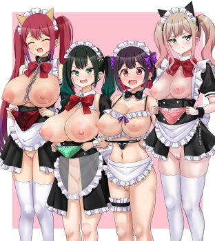 4girls alternate_costume apron averting_eyes bad_girl_(manga) bare_shoulders black_bow black_bowtie black_hair black_panties blonde_hair blush bow bowtie breasts breasts_out chain clenched_teeth closed_eyes collar earrings enmaided fang gradient_hair green_eyes green_hair green_panties hair_bow harem highres holding holding_panties holding_underwear holding_unworn_clothes jewelry large_breasts lingerie long_hair maid maid_apron maid_headdress mizutori_atori mole mole_under_eye multicolored_hair multiple_girls navel nipples no_bra no_panties open_mouth panties pink_background polka_dot polka_dot_panties pussy red_bow red_bowtie red_eyes red_hair red_panties ruriha_rura shipua_(the_worst_night_ever) simple_background sleeveless smile suzukaze_suzu sweat tears teeth thighhighs thong twintails underwear unworn_panties white_thighhighs yuutani_yuu