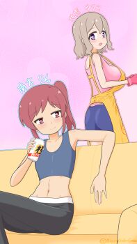 Rule 34 | 2girls, :d, apron, bare arms, bare shoulders, black pants, blue skirt, blue tank top, breasts, brown eyes, brown hair, can, character name, commentary, couch, flat chest, grey hair, groin, happyundergate, highres, holding, holding can, huge breasts, kitahara yuriko, light blush, midriff, minakata rin, multiple girls, navel, on couch, onii-chan wa oshimai!, open mouth, oven mitts, pants, pink background, pink shirt, ponytail, purple eyes, shirt, short hair, simple background, sitting, skirt, smile, tank top, translated, yellow apron