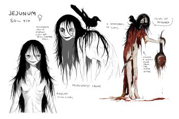 1girl animal animal_on_shoulder bird black_bird black_hair black_mask blood blood_on_leg breasts brown_hair cape colored_skin crow english_text flesh guro highres holding holding_knife jejejunum jejenum_(jejejunum) knife long_hair maggot mask nipples nude old original red_cape reference_sheet scar scar_on_back severed_head small_breasts standing unkempt venus_symbol white_skin