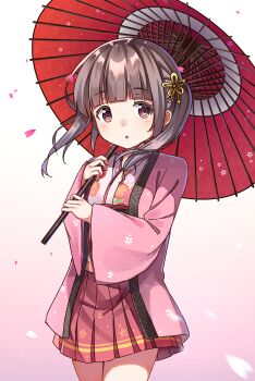 1girl absurdres arm_ribbon blunt_bangs brown_hair closed_mouth dress expressionless flower frilled_dress frills highres holding holding_umbrella jacket japanese_clothes kimono kimono_skirt long_hair long_sleeves looking_at_viewer low_twintails multicolored_eyes obi oil-paper_umbrella original pink_background pink_flower pink_ribbon pink_sash pink_skirt pink_umbrella red_umbrella ribbon sash skirt solo twintails umbrella wide_sleeves zoirun