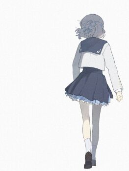 1girl black_skirt braid brown_shoes clenched_hand from_behind full_body gakuen_idolmaster grey_hair half_up_half_down_braid highres idolmaster katsuragi_lilja loafers long_sleeves multicolored_hair petticoat sailor_collar school_uniform shirt shoes short_hair simple_background skirt socks solo streaked_hair tenohira_(tenoo) walking walking_away white_background white_shirt white_socks