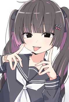 1girl absurdres auhuheben17 black_serafuku bow cheek_poking hair_ornament highres jirai_kei looking_at_viewer original poking school_uniform serafuku solo twintails upper_body