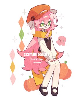 1girl black_shoes black_vest closed_mouth collared_shirt commission double-parted_bangs full_body glasses green_eyes hair_between_eyes hands_on_own_thighs hat highres long_hair long_sleeves looking_at_viewer meimei_(wakamoid) orange_hat orange_shorts original pink_hair scarf shirt shoes shorts simple_background sitting smile solo thank_you thighhighs twitter_username vest white_background white_shirt white_thighhighs yellow_scarf