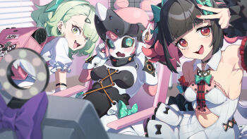Rule 34 | 3girls, absurdres, angels of delusion, aria (zenless zone zero), bare shoulders, black choker, blush, bow, breasts, choker, clothing cutout, commentary request, dress, earrings, green bow, green eyes, green hair, highres, humanoid robot, jewelry, kanon (sinto), looking at viewer, mechanical ears, multiple girls, musical note earrings, nangong yu, navel cutout, necktie, open mouth, orange eyes, pink bag, red necktie, robot, robot girl, short twintails, small breasts, sunna (zenless zone zero), twintails, v, white dress, zenless zone zero
