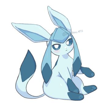 animal_focus blue_eyes blush bright_pupils closed_mouth commentary_request gen_4_pokemon glaceon haru_glaceon highres looking_at_viewer nintendo no_humans pokemon pokemon_(creature) sitting solo twitter_username white_background white_pupils